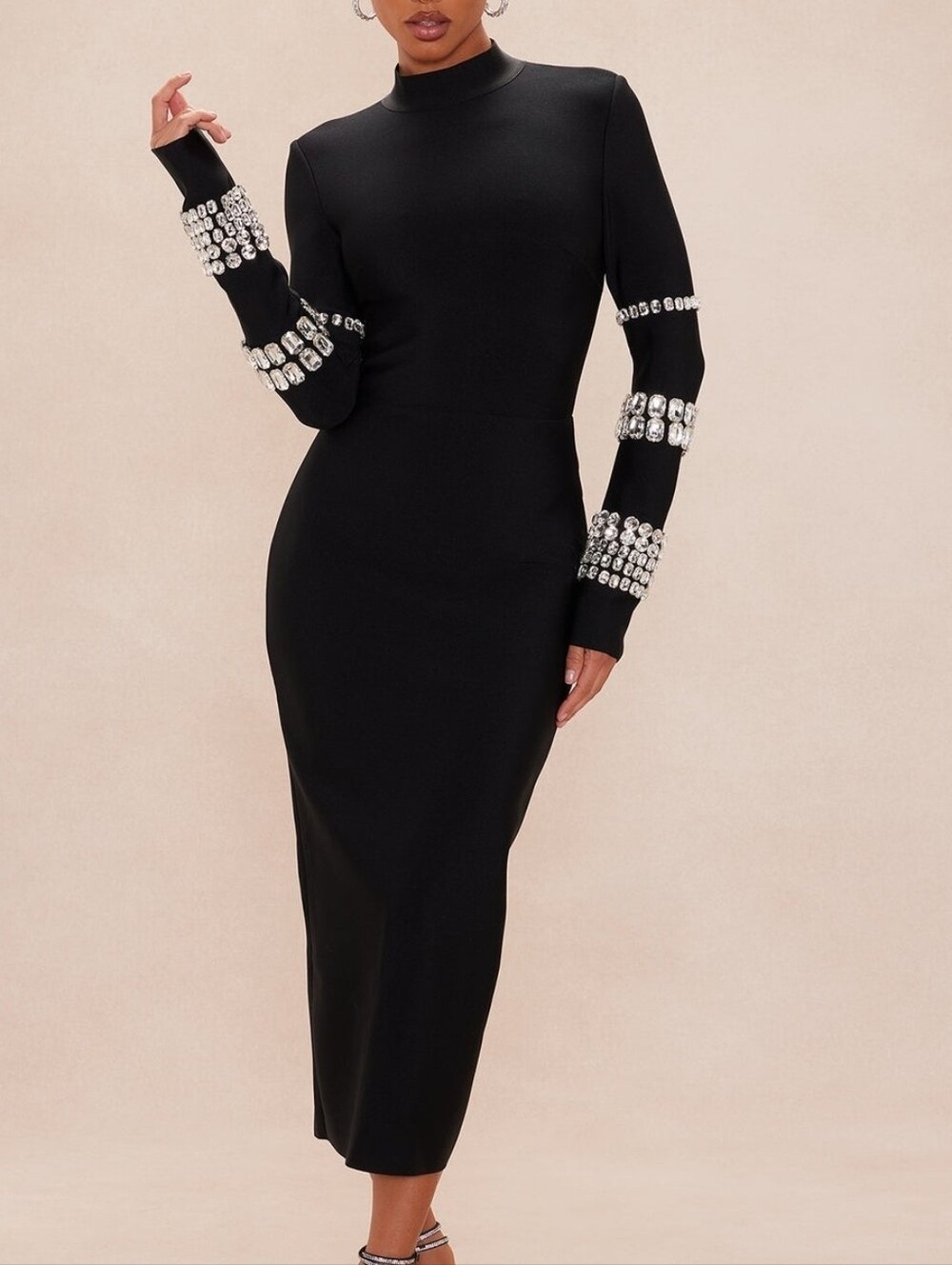 Black Embellished Long Sleeve Midi Dress